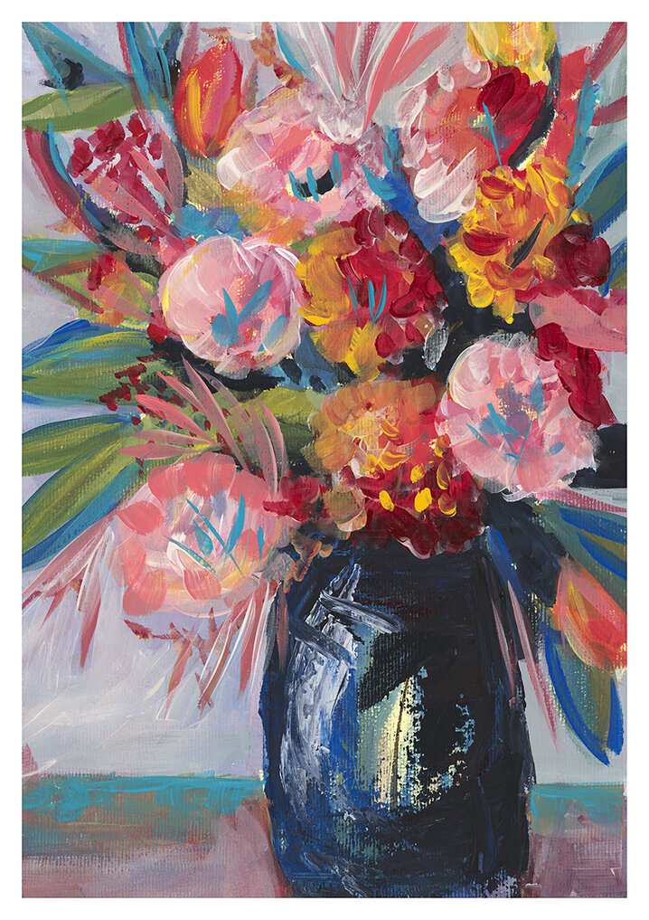 Loose, painterly bouquet of pink, peach, yellow and red blooms in a dark blue vessel, painted with broad, gestural brushstrokes.