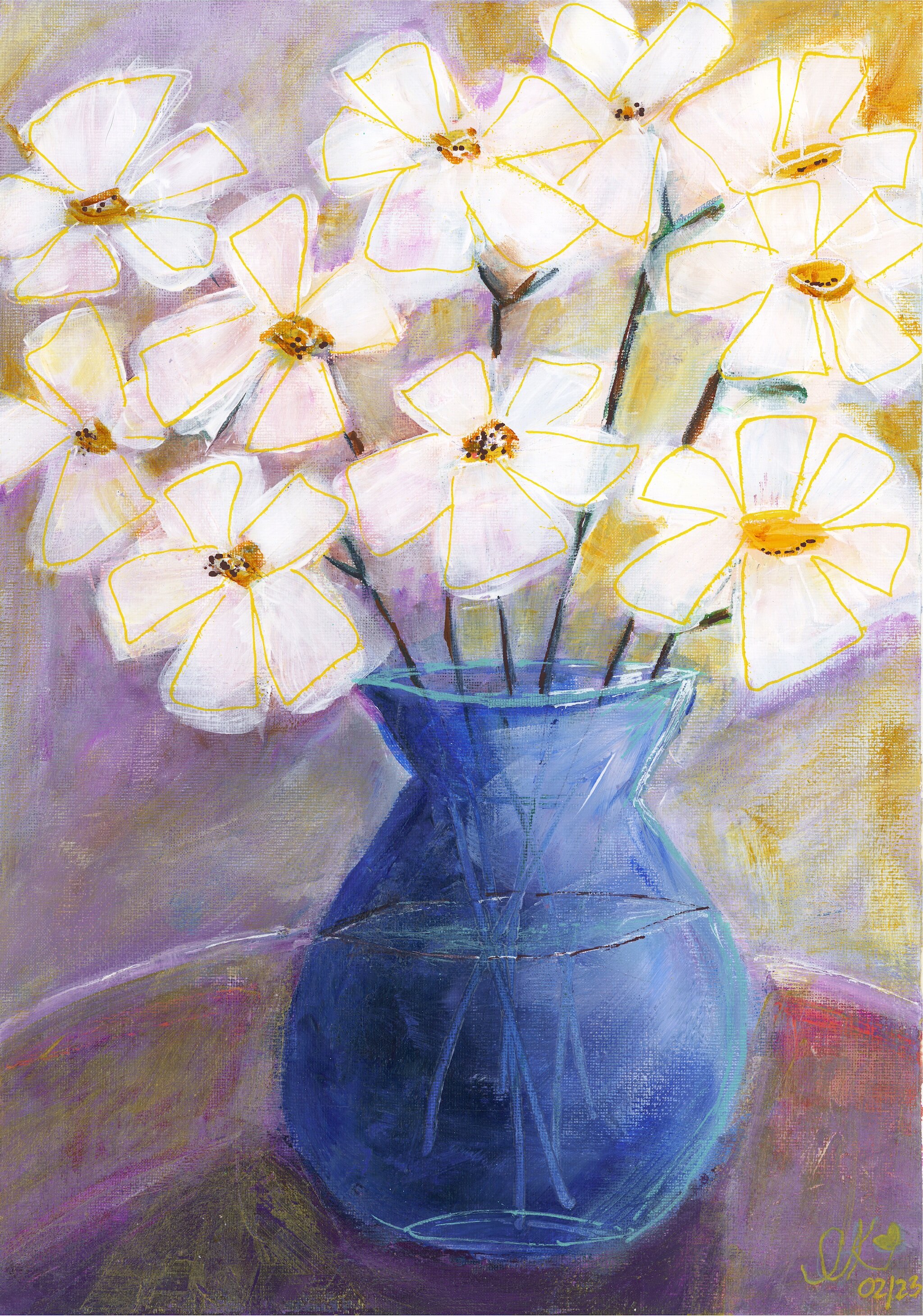 Painting of white cosmos flowers with yellow centres and yellow outline strokes on the petals, in a curvy cobalt-blue vase against a soft lilac background.