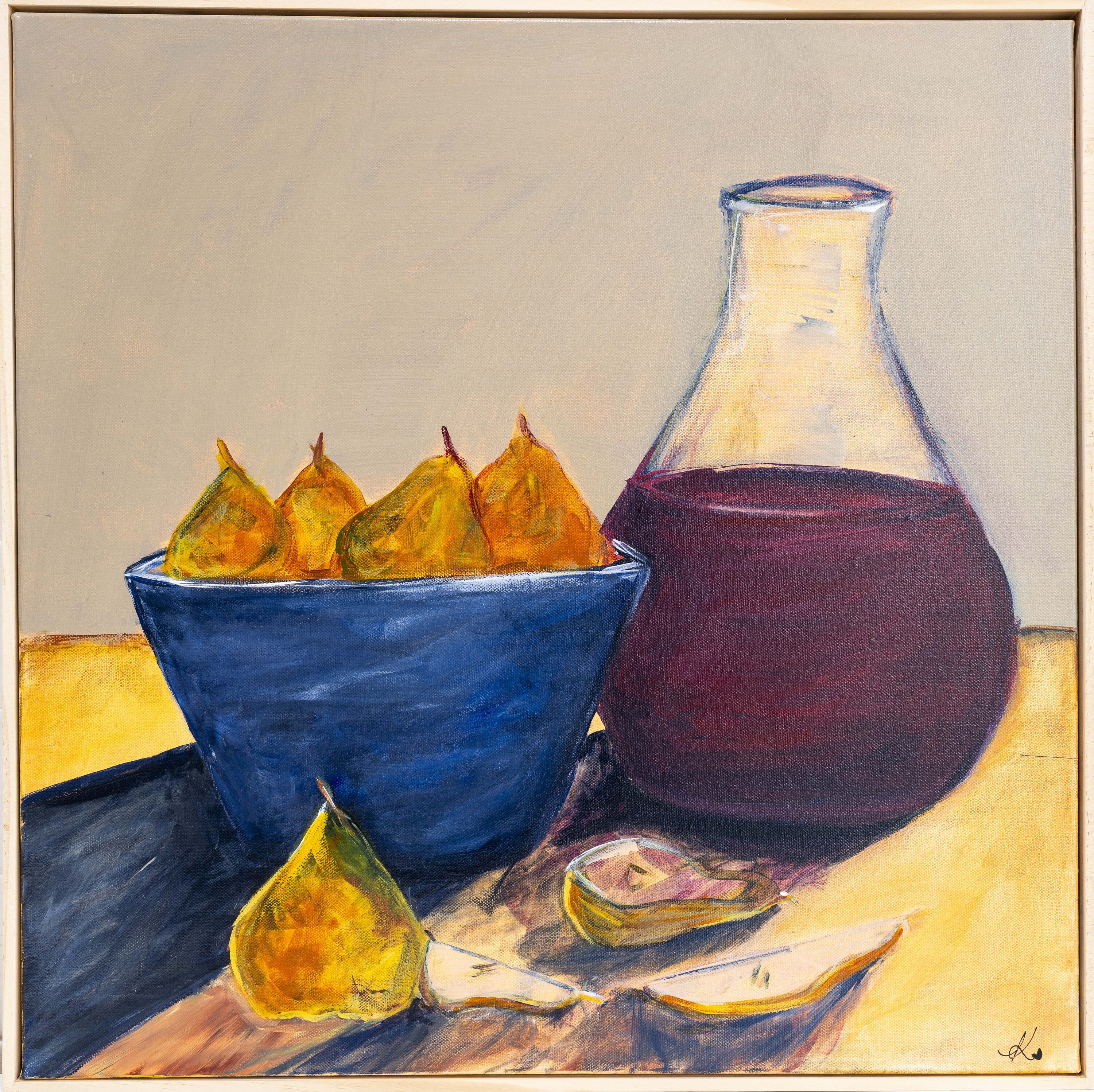 Still life painting of golden pears in a deep blue bowl, a burgundy vessel and a cream jug, with a single pear on a yellow table.