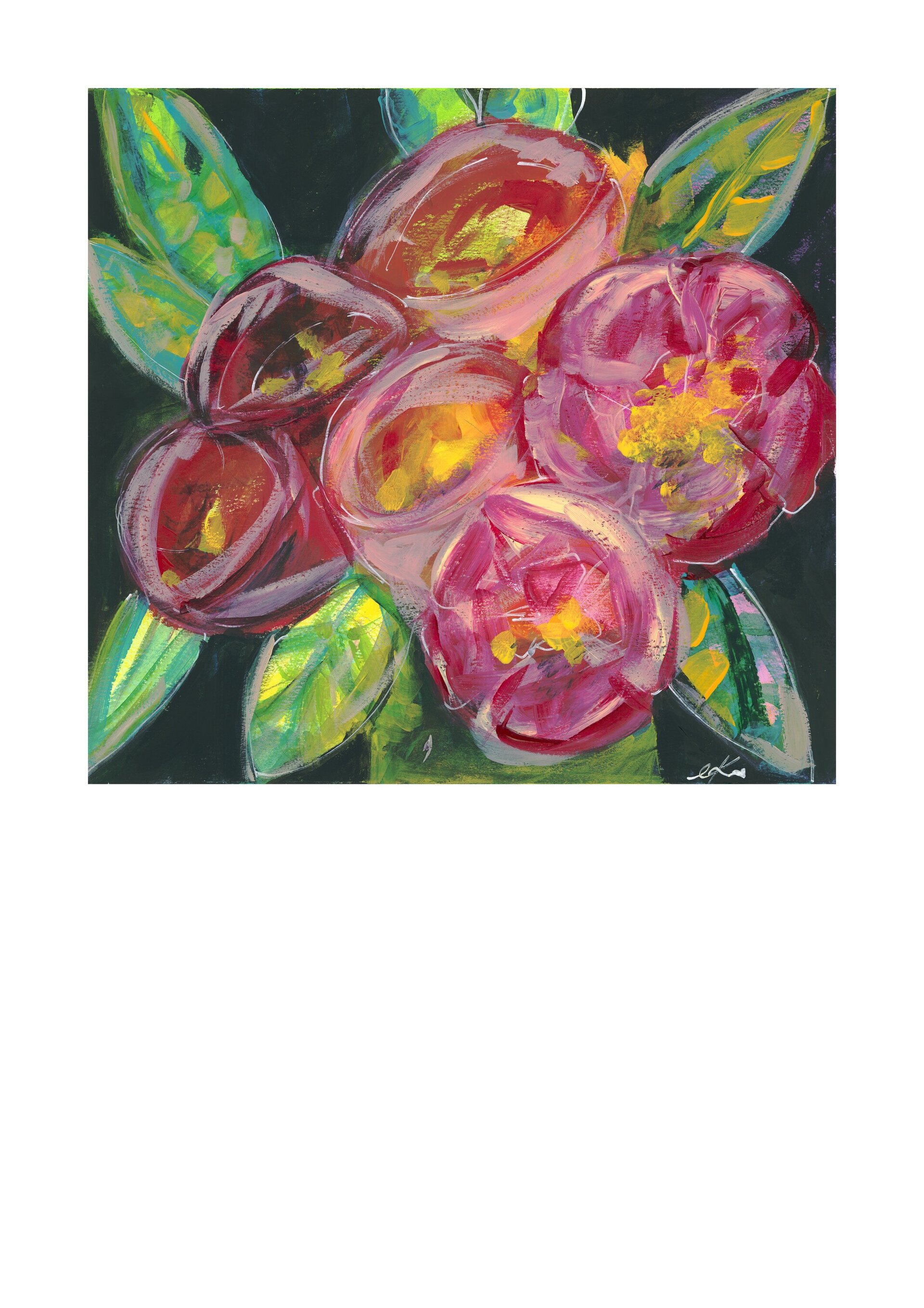 Abstract floral painting of round red and pink bloom forms with yellow centres against a deep black background, framed by bright green and yellow leaves.
