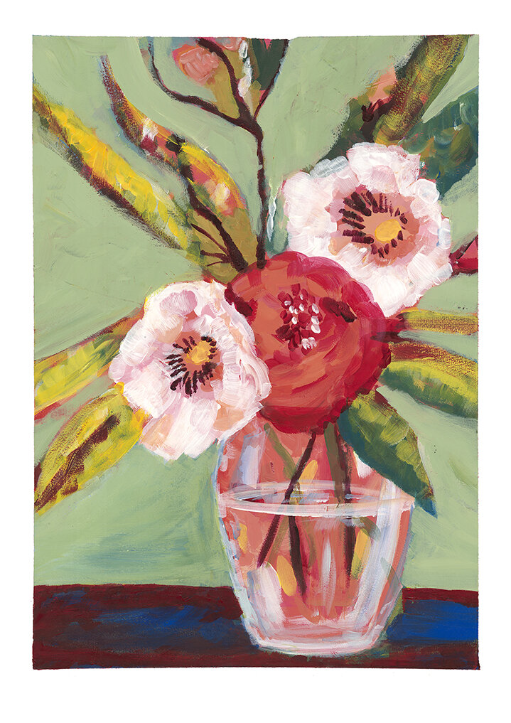 Still life painting of two pale pink open blooms and a deep magenta bud in a clear glass jar, with green and yellow leaves against a soft green wall.