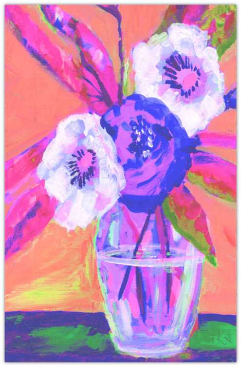Greeting card showing an expressionist still life of pink and white flowers in a glass jar on a coral background, with a small artist signature in the bottom right.