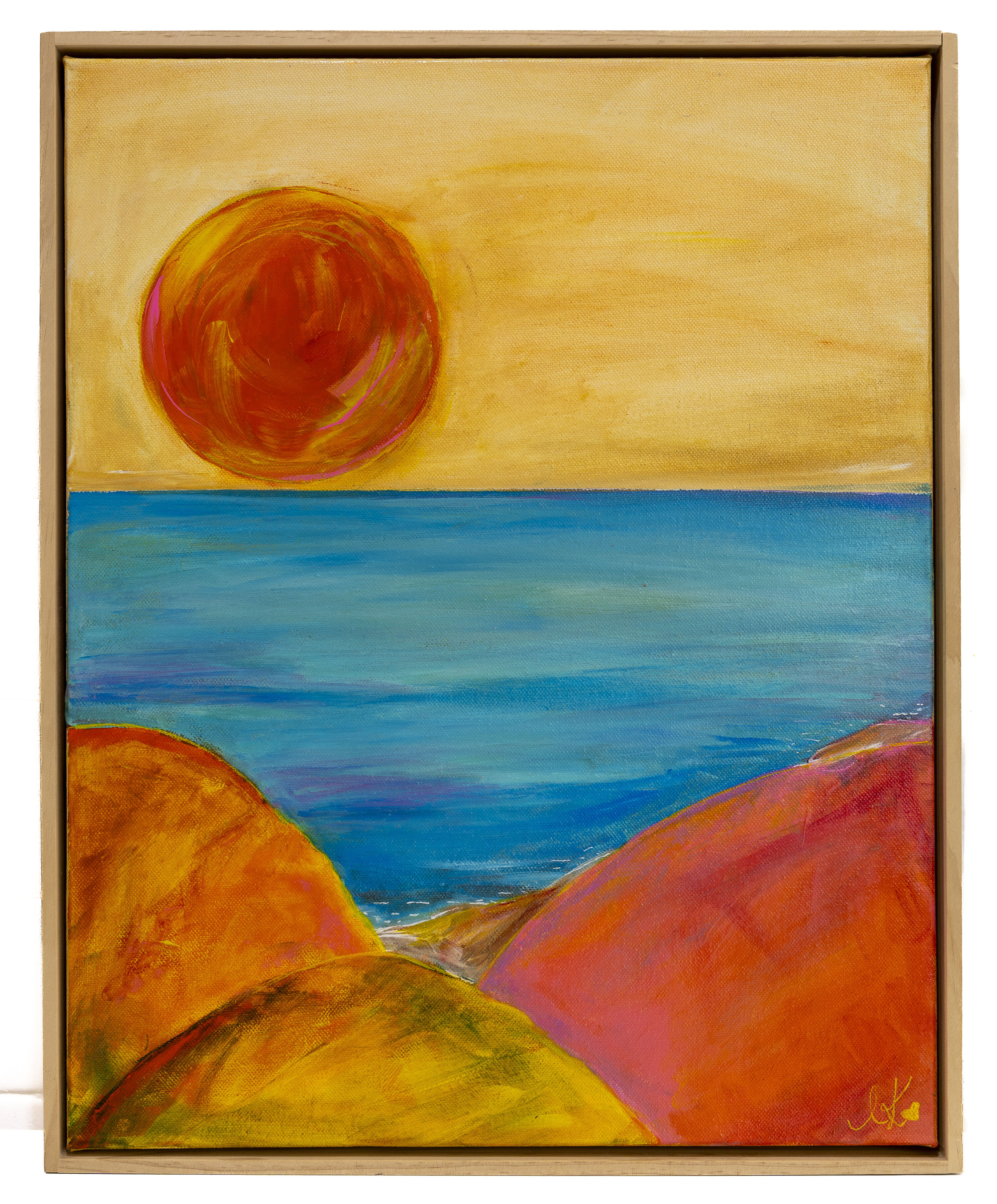 Landscape painting of a large orange sun in a golden yellow sky, with blue water in the middle and orange dunes or hills in the foreground.